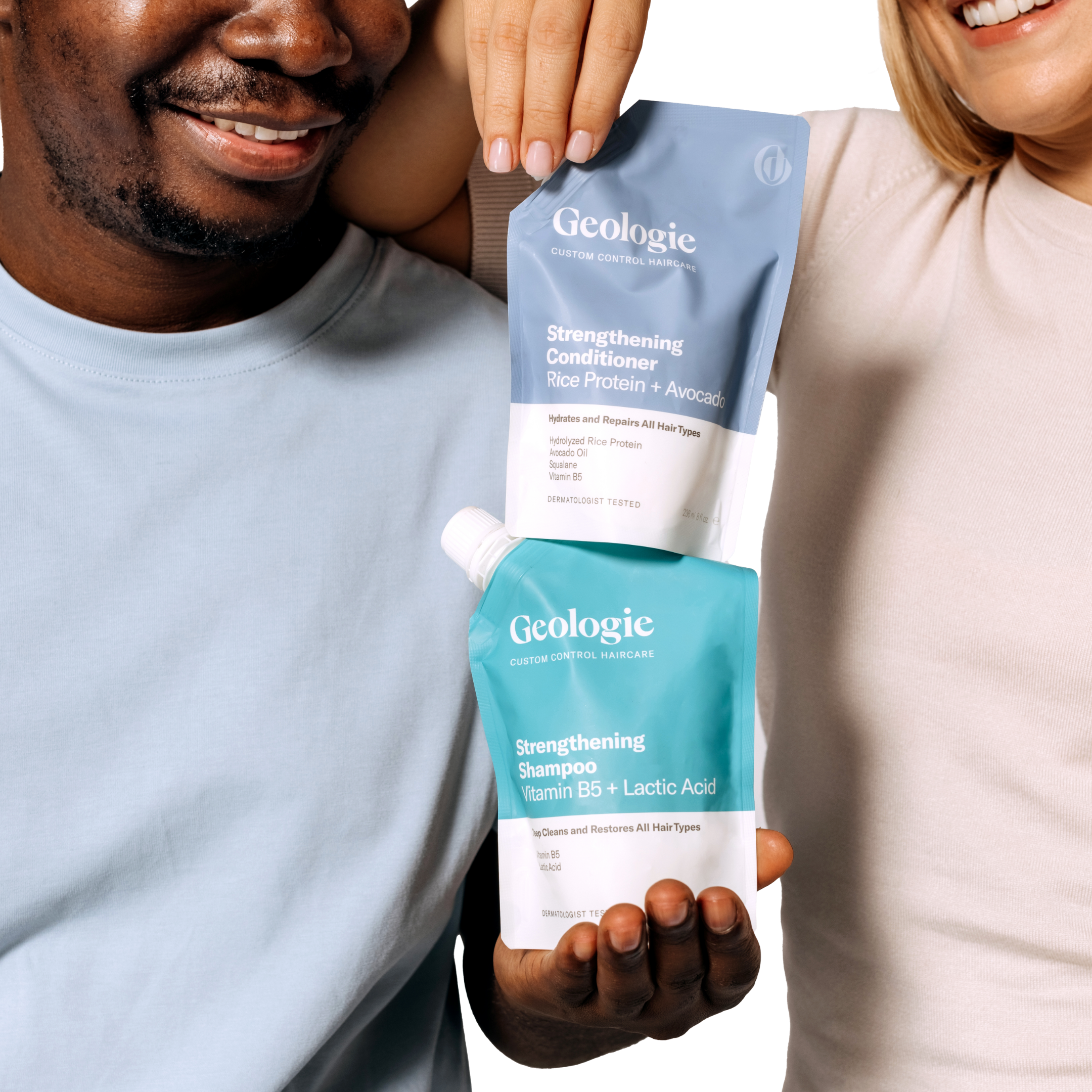 Two individuals showcasing Geologie's Shampoo + Conditioner Bundle with a focus on the brand and product benefits, emphasizing how it repairs and nourishes hair.