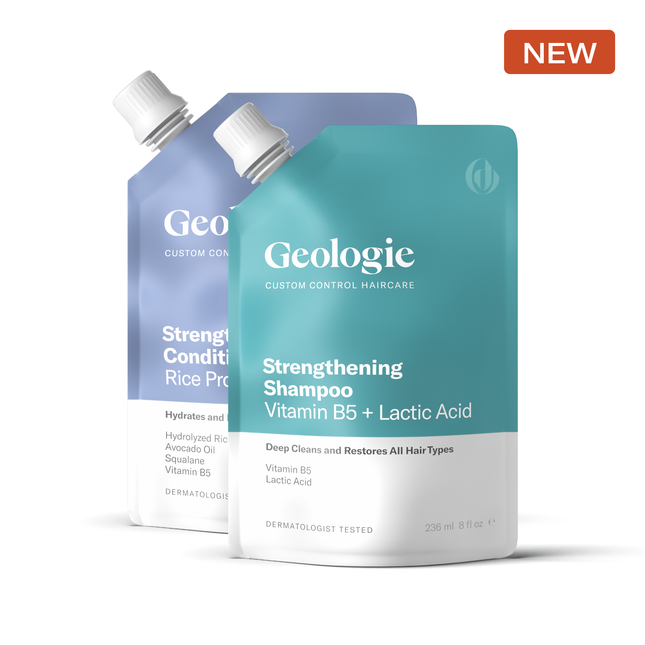 Two bottles of Geologie Shampoo + Conditioner, featuring a custom conditioner that nourishes and a strengthening shampoo that repairs, labeled as containing vitamin B5 and lactic acid, dermatologist tested, with a