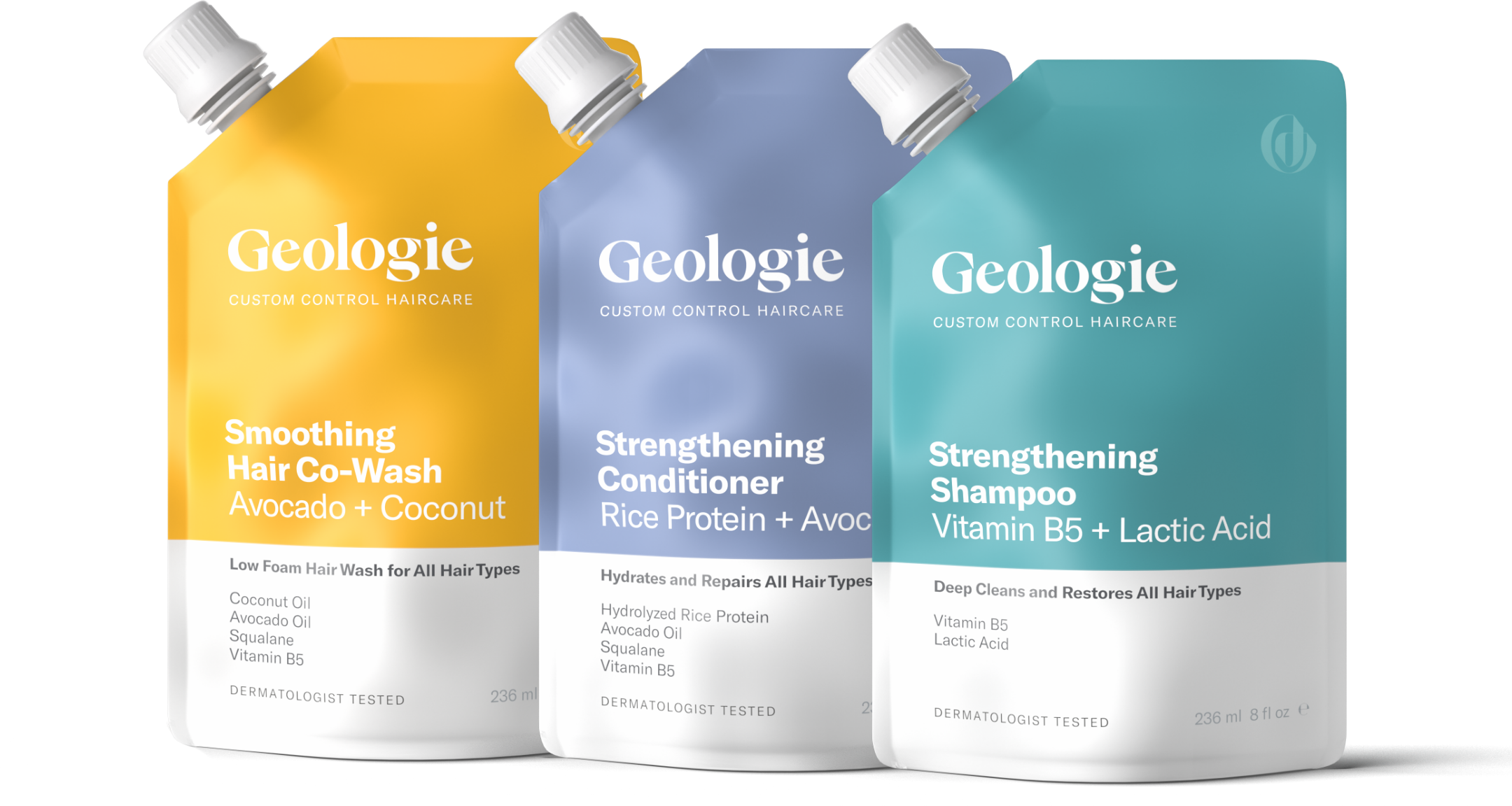Three bottles of Geologie Complete Hair Routine with Smoothing Co-Wash, strengthening conditioner, and repairing shampoo.