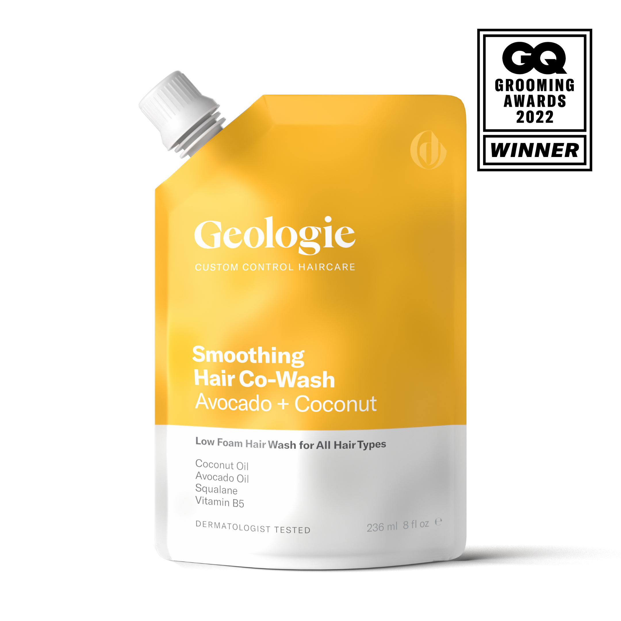 Bottle of Geologie Smoothing Co-Wash haircare product with GQ Grooming Awards winner badge.