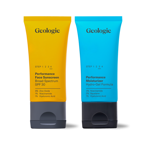 Two bottles of Geologie Sun Protection Duo, one yellow labeled as face sunscreen and one blue labeled as hydrating moisturizer, both with key ingredients listed on the packaging.